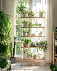 A vibrant indoor plant shelf showcasing lush greenery and natural sunlight.
