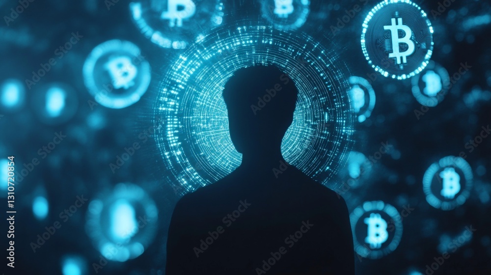 Poster silhouette of a person surrounded by floating bitcoin symbols in a high-tech digital environment