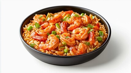 Fototapeta premium A vibrant bowl of shrimp fried rice, featuring juicy shrimp, colorful vegetables, and savory rice, perfect for a delicious meal, on white background