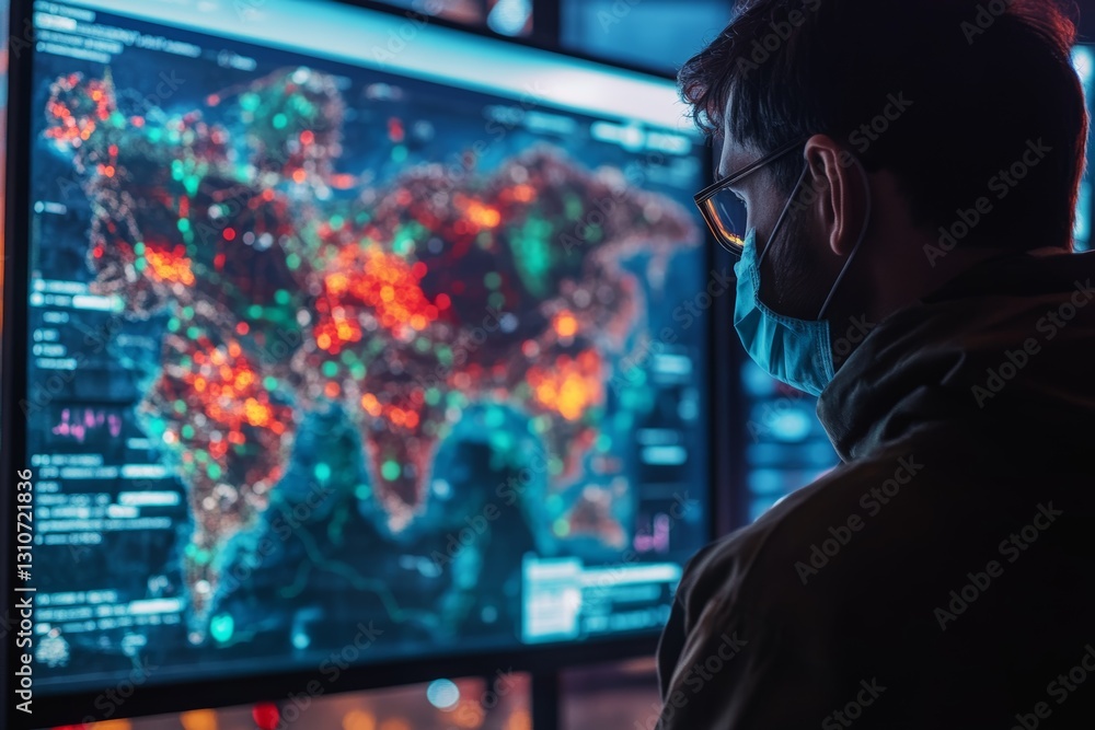 Poster a man is looking at a computer monitor with a map of the world on it
