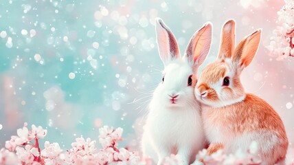 Obraz premium Two adorable rabbits cuddle amidst soft pink blossoms, creating a serene and whimsical spring scene filled with pastel colors and gentle bokeh, Easter