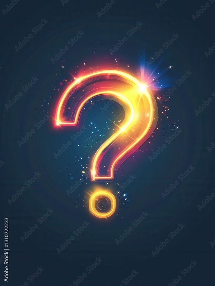 Poster glowing minimalist question mark icon with light bursts in modern flat design style against a dark b