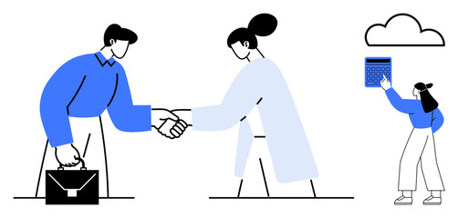 Two individuals shaking hands symbolizing agreement, while a third person interacts with a tablet under a cloud. Ideal for teamwork, communication, collaboration, innovation, technology, partnership