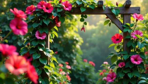 Trellis with morning glory and roses, landscape, trellis, morning glory