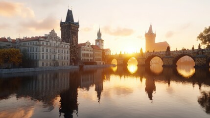Naklejka premium Prague Sunrise Charles Bridge Castle Golden Hour River Reflection