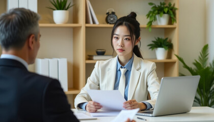 Fototapeta premium serious businesswoman talking to male colleague in office, teamwork concept