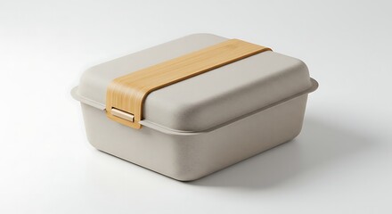 Closed Lunchbox with Bamboo Band on White Background Presents Clean Eating