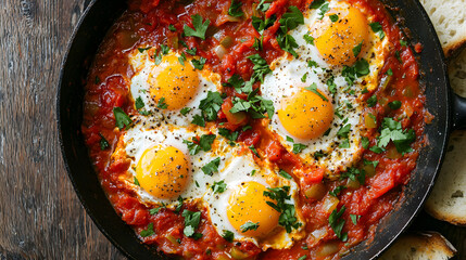 Delicious Shakshuka with Poached Eggs in Rich Tomato Sauce Topped with Fresh Herbs