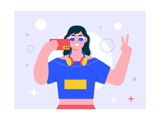 Teenage girl taking selfie illustration. Generation Z illustration. Flat vector illustration concept.