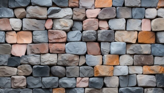 Smooth natural river stones in various earthy colors including gray brown red and beige arranged in a decorative wall pattern with a rough textured surface