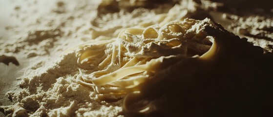 Close up of fresh handmade fettuccine noodles resting on a dusting of flour captured with contemporary cinematic lighting for a dramatic appetizing culinary scene