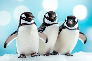 Obraz premium A group of penguins sliding on ice in a snowy Antarctic landscape, with the shimmering ocean in the distance
