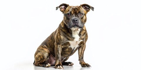 Obraz premium Muscular Brindle Staffordshire Bull Terrier Dog Studio Portrait, White Background