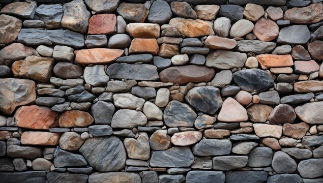 Smooth natural river stones in various earthy colors including gray brown red and beige arranged in a decorative wall pattern with a rough textured surface