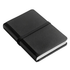 Black hardcover notebook with elastic band and blank pages, ideal for journaling or note-taking in various settings