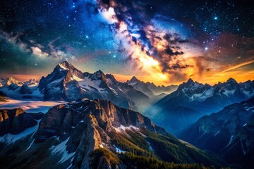 Mysterious Mountain Range Under Starry Night Sky - Drone View