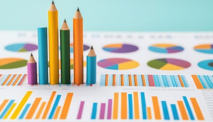 Colorful pencils stand atop a vibrant chart filled with graphs and pie sections, illustrating data in a creative, engaging manner.