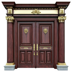 Elegant Ornate Wooden Entrance Door with Golden Finishes and Decorative Columns for Luxurious Architecture
