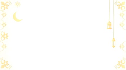 Obraz premium Elegant Islamic design: crescent moon, hanging lanterns, and floral patterns on a white background. A serene cultural and religious scene. Eid Fitr, Ramadan Kareem