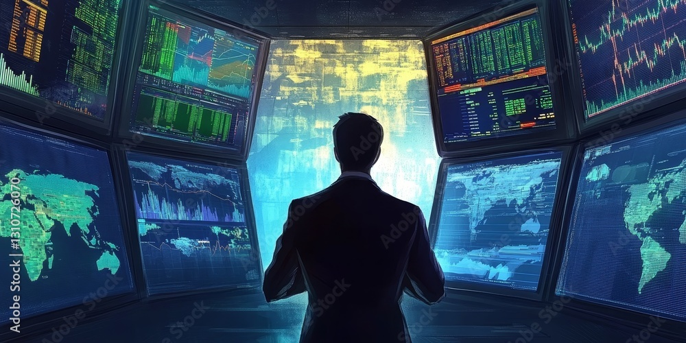 Poster a man is standing in front of a computer monitor with a lot of numbers