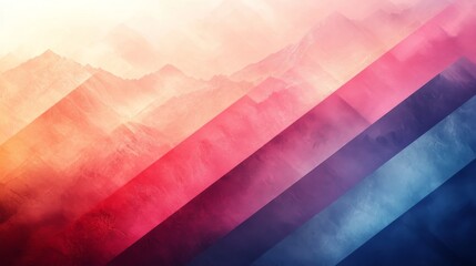 Abstract mountains are depicted with vibrant colors and geometric layers