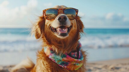 A happy golden retriever in sporty wrap-around sunglasses, a Hawaiian scarf, and wagging its tail on the beach.
