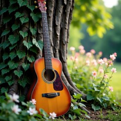 Vintage guitar leaning against a weathered tree trunk, with vines and flowers entwined around it , grunge, instrument, trees