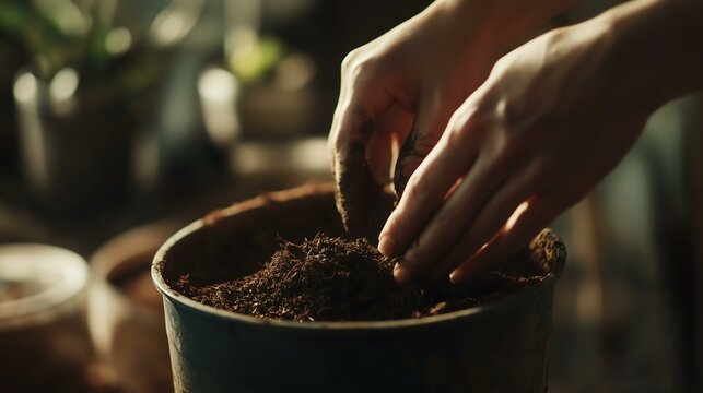 Hands digging into soil for planting in a vibrant home garden setting.