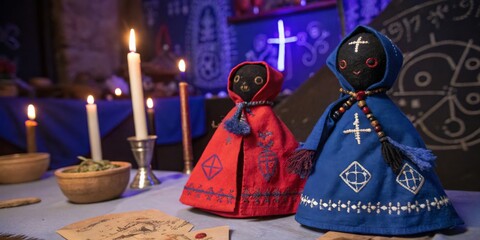 Naklejka premium Traditional handmade dolls displayed on a table with candles and mystical symbols in a serene interior setting during dusk