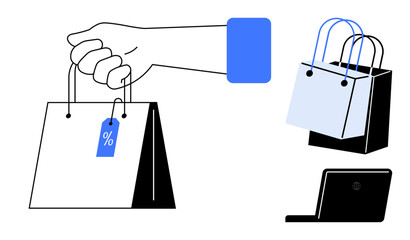 Hand holding shopping bag with discount tag, two additional bags, laptop for online shopping, e-commerce, retail sales, consumerism, promotional marketing, product distribution, digital marketing
