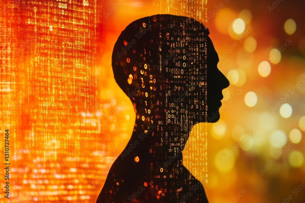 Poster Human Silhouette with Abstract Binary Data and Warm Background Effects