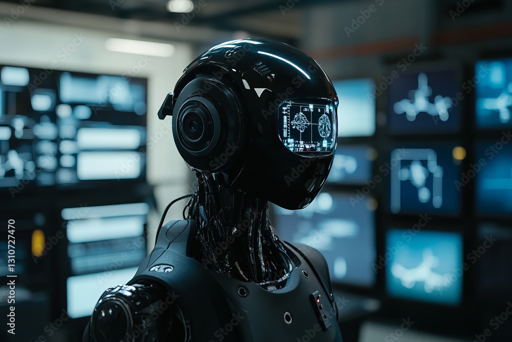 Poster futuristic robot with high-tech interface in modern laboratory setting