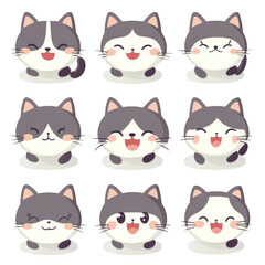 Fototapeta premium Cute cartoon cat faces with various joyful expressions, featuring round shapes and soft colors