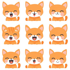 Fototapeta premium Nine cute cartoon orange cats with various happy expressions, each with unique facial expression, arranged grid pattern. cats have round faces, big eyes, and small ears, showcasing different