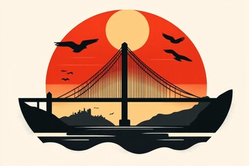 A minimalist illustration of a suspension bridge, with clean, sharp lines and muted tones against a solid pastel background