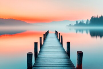 Obraz premium A minimalist outline of a pier leading into a glowing horizon, with subtle sunset hues fading into a clean white background