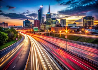 Fototapeta premium Nashville Traffic Light Trails - Early Morning Commute Long Exposure Photography
