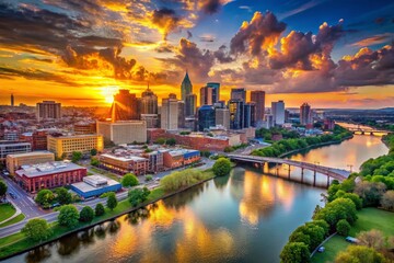 Obraz premium Nashville Sunset Aerial: Cumberland River & Downtown Skyline Panorama