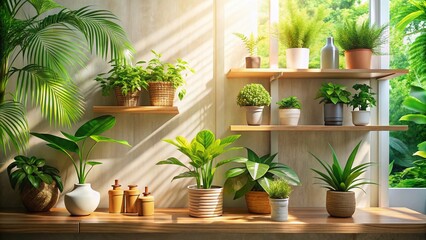 Natural Cosmetic Background: Wooden Shelf with Lush Greenery & Botanicals for Product Presentation