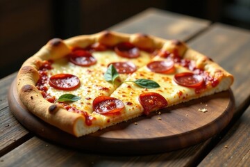 Warm slice of pizza on a worn wooden table, glass, old table