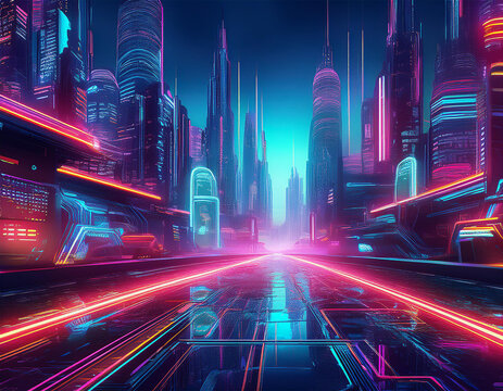 vibrant cyberpunk cityscape with glowing neon lights futuristic urban design digital theme nightlife atmosphere