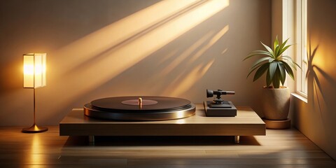 Warm Sunlight Illuminates a Stylish Vinyl Record Player on a Wooden Stand, Accompanied by a Table Lamp and a Potted Plant in a Serene Home Environment
