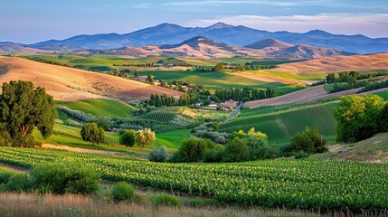 Obraz premium Idyllic Rolling Green Hills with Vineyards and Mountains in Background