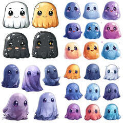 Cute, colorful jelly like creatures with various expressions and colors, including white, orange, black, purple, and blue, showcasing playful and whimsical design