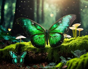 green butterfly, green moth, forest, nature, glowing, bokeh, backlight, mushrooms, mystical, fairy, fae, photo backdrop, background magical, butterfly, insect, green, summer, flower, macro, animal, 