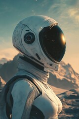 Fototapeta premium Astronaut in Futuristic Space Suit Against Majestic Mountain Landscape
