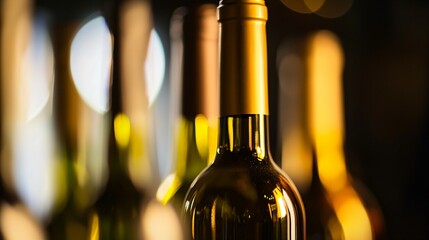 A row of wine bottles in focus, soft background blur; elegance and craftsmanship in every detail.