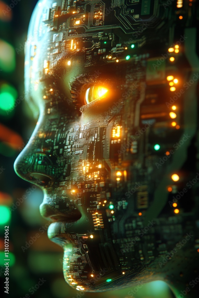 Poster futuristic robot face with circuit board and glowing elements
