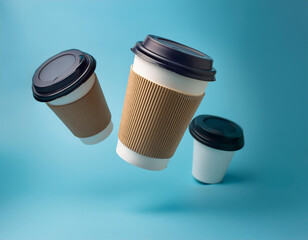 mockup plastic cup for coffee flying on a light blue background three angles levitation
