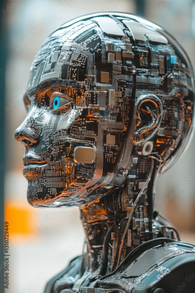 Poster futuristic robotic head with glowing circuits and digital interface
